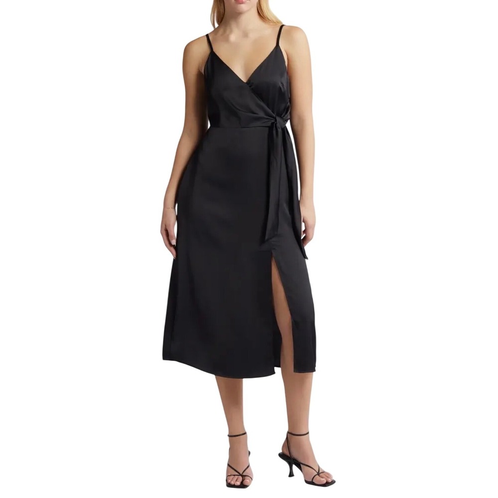 Chelsea28‎ Black Satin Midi Wrap Dress Tie Waist Spaghetti Straps Formal Evening